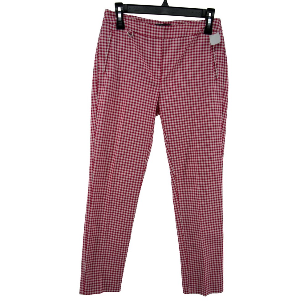 Adrianna Papell Gingham Pants Womens Size 4 Pink White Stretch Slim Ankle